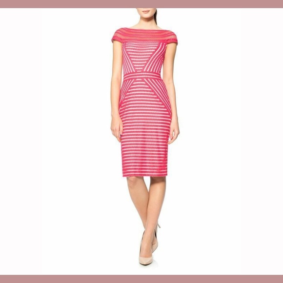 NWT Tadashi Shoji Stripe Knit Cap Sleeve‎ Dress in Rouge Pink [SZ Large ] - Picture 1 of 9